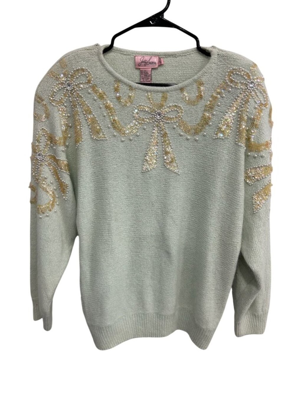 Jaclyn Smith Large Mint Green Beaded Bow Sweater Silk Blend NWT Vintage Retro